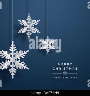 Minimalistische Weihnachts- und Neujahrsgrußkarte mit hängenden weißen Schneeflocken auf dunkelblauem Hintergrund Stock Vektor