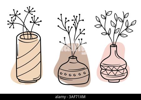 Set von abstrakten Blumenkritzeln mit organischen Farbformen. Minimalistische Vasen mit Blumen isoliert auf weißem Hintergrund. Handgezeichnete Vektorgrafik. Stock Vektor