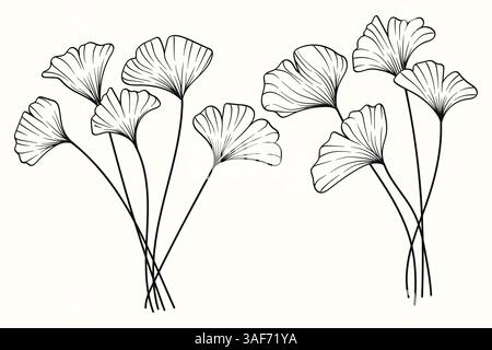 Ginkgo Blatt Linie Kunst Handzeichnung Textur Sammlung. Vektorabbildung Stock Vektor