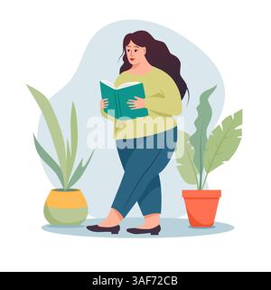 Eine große Frau, die beim Gehen ein Buch liest, umgeben von Topfpflanzen Stock Vektor