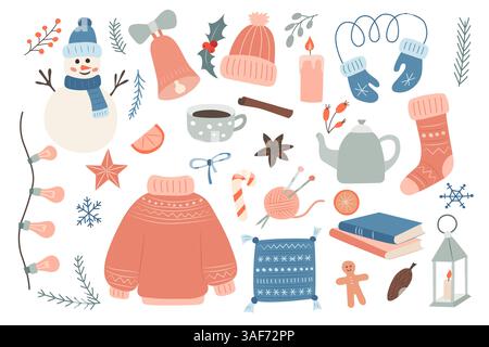Set aus handgezeichneten gemütlichen Winterelementen mit Pullover, Handschuhen, Heißgetränken, einem Schneemann, Urlaubsdekor, und saisonale Artikel Stock Vektor
