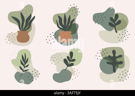 Eine flache botanische Kollektion mit Topfpflanzen und abstrakten Formen im Bohemienstil. Stock Vektor