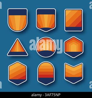 Set aus neun abstrakten geometrischen Abzeichen mit leuchtenden orange- und marineblauen Verläufen auf blauem Hintergrund Stock Vektor