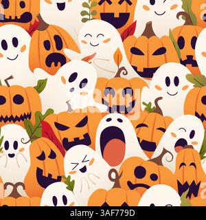 Lustiges und festliches, nahtloses Halloween-Muster mit verspielten Geistern und Jack-o-Laternen-Kürbissen Stock Vektor
