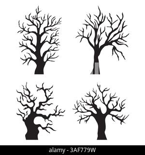 Sammlung von unheimlichen, blattlosen Baumsilhouetten mit verdrehten Zweigen. Halloween-Illustration Stock Vektor