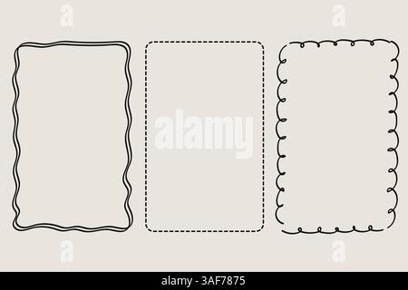 Sammlung handgezeichneter Trendrahmen mit Wellenlinien und Wirbeln. Minimalistische Strichkunst. Moderne, schnörkelige Grenzen für Urlaubsposter, Hochzeits-in Stock Vektor
