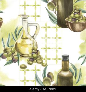 Nahtloses Muster in mediterranem Aquarell mit Olivenölflasche und Kanne, dekoriert mit Olivensträuchern und Zweigen Illustration. Handgezeichneter Provence Backg Stockfoto