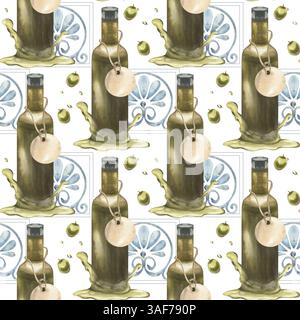 Olivgrüne Flasche mit Papieranhänger in Ölpfütze verziert mit Blumenschmuck und olivfarbenen Früchten Illustration. Handgezeichnetes abstraktes geometrisches Backgro Stockfoto
