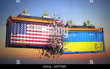 Frachtcontainer mit Fahnen der USA und der Ukraine - 3D-Illustration Stockfoto