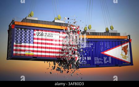 Frachtcontainer mit Fahnen der USA und Amerikanisch-Samoa - 3D-Illustration Stockfoto
