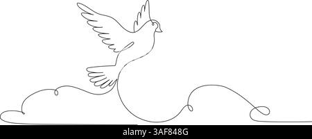 Fliegende Taube in Wolken. Eine Durchgehende Leitung. Taubenvogel Symbol des Friedens und der Freiheit, Pfingsten. Einfache Lineare Zeichnung. Vektorabbildung. Handgezeichnet Stock Vektor
