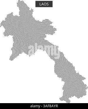 Gepunktete Kartenumrisse von Laos werden mit abstrakten fließenden Linien im Hintergrund dargestellt, die geografische Merkmale betonen. Stock Vektor