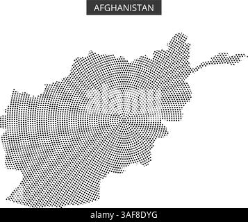 Eine Karte Afghanistans wird mit einem Punktmuster dargestellt, das geografische Umrisse und nahe gelegene Länder zeigt und deren einzigartige Form und Lage unterstreicht. Stock Vektor