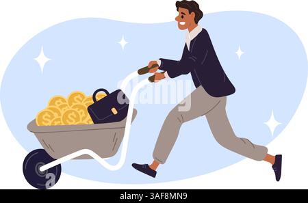 Mann, der einen Wagen mit Goldmünzen hält. Geschäftsmann schiebt Schubkarre. Erfolg und Wohlstand. Wagen für Aktenkoffer und finanzielle Einsparungen. Erfolgreich gu Stock Vektor