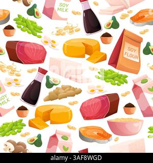 Nahtloses Muster von Proteinprodukten. Fleisch- oder Gemüsekost. Tofu-Käse. Sojasauce. Fischsteak. Wiederholter Druck. Eier und Avocado. Frische Pilze. Super Stock Vektor