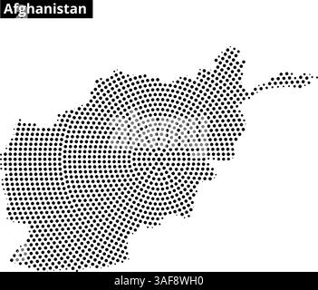 Eine Karte Afghanistans wird mit einem Punktmuster dargestellt, das geografische Umrisse und nahe gelegene Länder zeigt und deren einzigartige Form und Lage unterstreicht. Stock Vektor