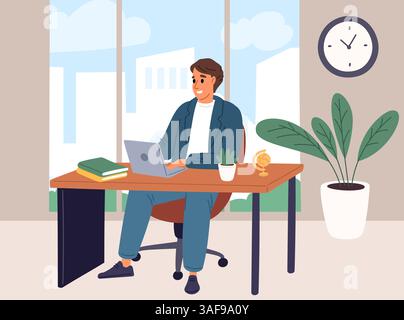 Geschäftsmann, der am Computer im Büro arbeitet. Arbeiter, der am Computerpult sitzt. Geschäftlicher Arbeitsplatz. Effizienter Mitarbeiter. Beschäftigter männlicher Manager. Firmenmitarbeiter Stock Vektor