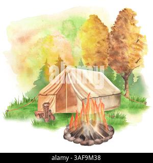 Campingszene mit Herbstbäumen Berg, Zelt, Lagerfeuer und Wanderschuhen. Clipart für Reiseausrüstung. Handgezeichnete Aquarellillustration. Für p Stockfoto