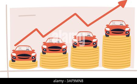 Diagramm zur Steigerung des Fahrzeugwerts. Steigende Autopreise. Unternehmenstabelle. Goldmünzen stapeln. Wachsender Pfeil. Diagramm „Finanzerhöhung“. Marktkurs. Kraftfahrzeugbewertung Stock Vektor