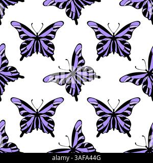 Muster mit lila Schmetterlingen, handgezeichnete Umrissfalter, auf weißem Hintergrund. Vektorabbildung Stock Vektor