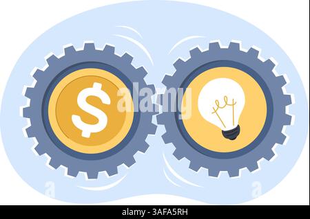 Die Ausrüstung mit Goldmünze dreht die Ausrüstung mit Glühbirne. Ideensymbol. Geld dreht Zahnräder. Innovationslösung. Brainstorming und Finanzierungsmechanismus. Start su Stock Vektor