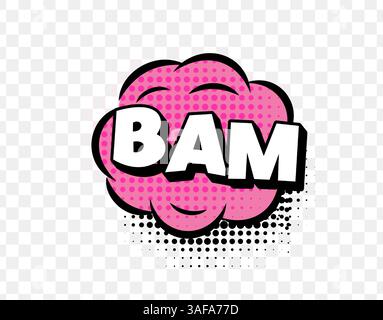 BAM-Text im Comic-Stil mit rosa Explosionswolke, Retro-Rasterpunkten und Fettdruckgrafie auf transparentem Hintergrund. Lustiges Pop Art Design. Vektor Stock Vektor