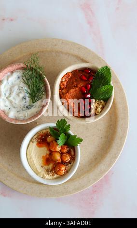 Trio aus nahöstlichen Dips, verschiedenen Farben und Aromen auf weißem neutralen Keramikhintergrund Stockfoto
