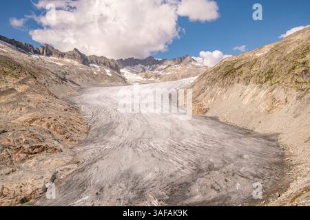 Der Rhône-Gletscher, Quelle des Flusses Rhône und einer der Hauptbeitragenden des Genfer Sees im äußersten Osten der Schweiz, Kanton Wallis. Stockfoto