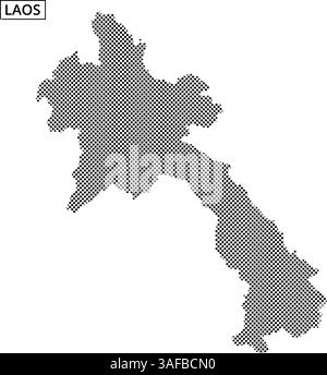Gepunktete Kartenumrisse von Laos werden mit abstrakten fließenden Linien im Hintergrund dargestellt, die geografische Merkmale betonen. Stock Vektor