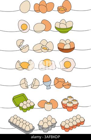 Frische, rohe Eier, die eine Strichzeichnung bilden. Gekochte Eier, gebrochene Eierschalen, Omelett, Protein und Eigelb. Vektorabbildung Stock Vektor