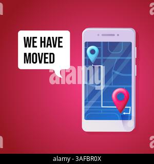 Banner Wir haben die Ankündigung verschoben, die auf einem Smartphone-Bildschirm mit einer digitalen Karte angezeigt wird. Illustration des Rohvektors in abgewickelter Form. Stock Vektor
