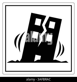 Warnsymbol für Erdbebengefahr mit gerissenen Gebäuden und seismischen Wellen in Schwarz-weiß-Design Stock Vektor