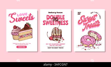 Pinke süße Desserts Typografie-Poster mit Kuchen Donuts, Vintage Retro trendigem Text und handgezeichnetem Gebäck Bunte Bäckerei Cafe Valentinstag Stock Vektor