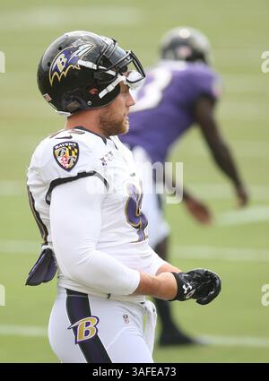Baltimore Ravens OLB Paul Kruger (99) nimmt am 3. August 2012 im Baltimore Ravens Trainingscamp im Under Armour Performance Center in Owings Mills, MD, Teil. Foto: Mike Buscher/Cal Sport Media(Credit Image: © Mike Buscher/Cal Sport Media/ZUMAPRESS.com) Stockfoto
