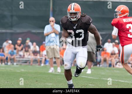 August 2012 - Berea, Ohio, USA S – Cleveland Browns Running Back Trent Richardson (33) während der Übungen im Browns Trainingscamp in Berea, Ohio. (Kreditbild: © Frank Jansky/ZUMAPRESS.com) Stockfoto