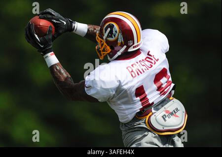 6. AUGUST 2012 : Washington Redskins Wide Receiver Dezmon Briscoe (19) erhält einen Pass während des Trainingslagers am Montag im Redskins Park in Ashburn, VA. (Bild: © John Middlebrook/Cal Sport Media/ZUMAPRESS.com) Stockfoto