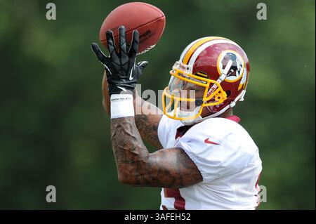 6. AUGUST 2012 : Washington Redskins Wide Receiver Dezmon Briscoe (19) erhält einen Pass während des Trainingslagers am Montag im Redskins Park in Ashburn, VA. (Bild: © John Middlebrook/Cal Sport Media/ZUMAPRESS.com) Stockfoto