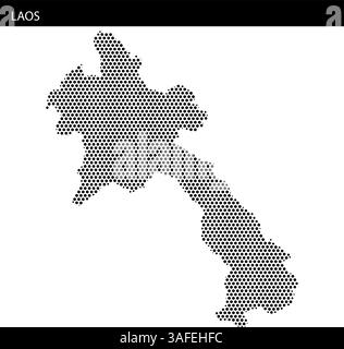 Gepunktete Kartenumrisse von Laos werden mit abstrakten fließenden Linien im Hintergrund dargestellt, die geografische Merkmale betonen. Stock Vektor
