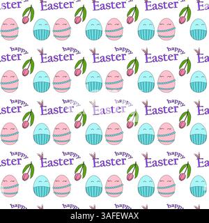 Farbenfrohes, nahtloses Muster mit pastellfarbenen anthropomorphen Charakteren - Paar dekorierte Ostereier, Tulpen und - Happy Easter - Text. Stock Vektor