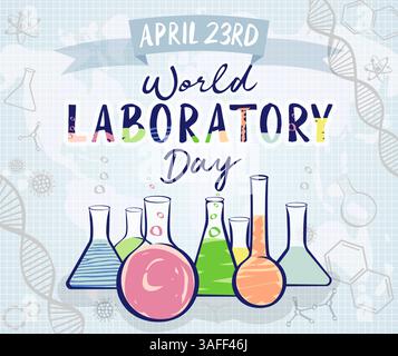 Kreatives Banner am 23. April des World Laboratory Day mit handgezeichneten Stilelementen. Satz farbenfroher Kolben. Poster in sozialen Medien. Geschichte der Netzwerk-Zeitleiste Stock Vektor