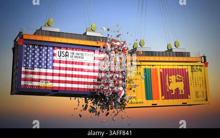 Frachtcontainer mit Fahnen der USA und Sri Lankas - 3D-Illustration Stockfoto