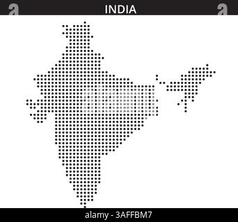 Dieses Bild zeigt eine gepunktete Darstellung der geografischen Umrisse Indiens auf weißem Hintergrund und hebt dessen Form und Grenzen hervor. Stock Vektor