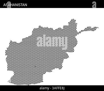 Eine Karte Afghanistans wird mit einem Punktmuster dargestellt, das geografische Umrisse und nahe gelegene Länder zeigt und deren einzigartige Form und Lage unterstreicht. Stock Vektor