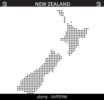 Diese Grafik zeigt eine stilisierte Karte von Neuseeland mit einem einzigartigen Punktmuster. Das Design konzentriert sich sowohl auf die Nord- als auch auf die Südinseln. Stock Vektor