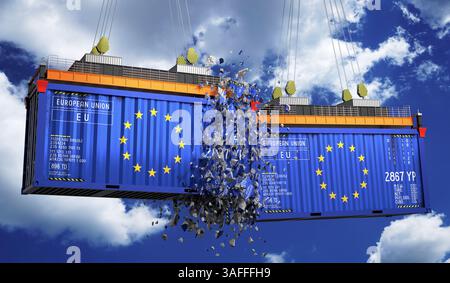 Frachtcontainer mit Flaggen der Europäischen Union – 3D-Illustration Stockfoto
