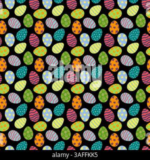Lebendiges, nahtloses Muster gemalter Ostereier in verschiedenen Farben und Designs auf schwarzem Hintergrund. Flacher STYLE. Perfekt zum Einpacken von Papier und Tapeten. Stock Vektor