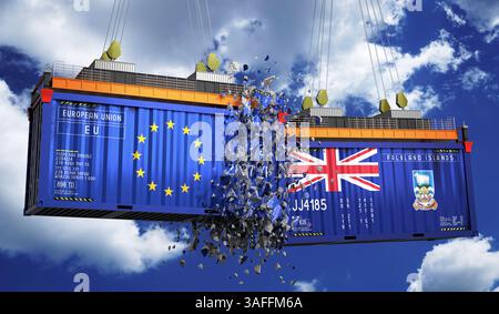 Frachtcontainer mit Flaggen der Europäischen Union und der Falklandinseln – 3D-Illustration Stockfoto