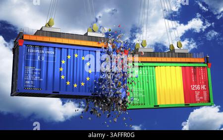 Frachtcontainer mit Flaggen der Europäischen Union und Malis - 3D-Illustration Stockfoto
