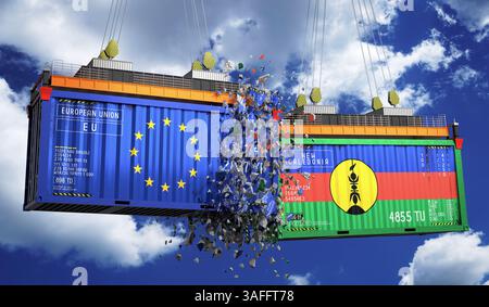Frachtcontainer mit Flaggen der Europäischen Union und Neukaledonien - 3D-Illustration Stockfoto