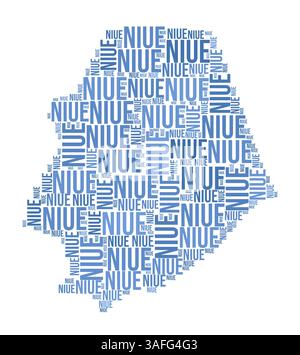 Niue Word Cloud. Länderform mit Gebietseinteilung. Niue Typografie-Bild. Bereichsnamen kennzeichnen Wolken. Vektorabbildung. Stock Vektor